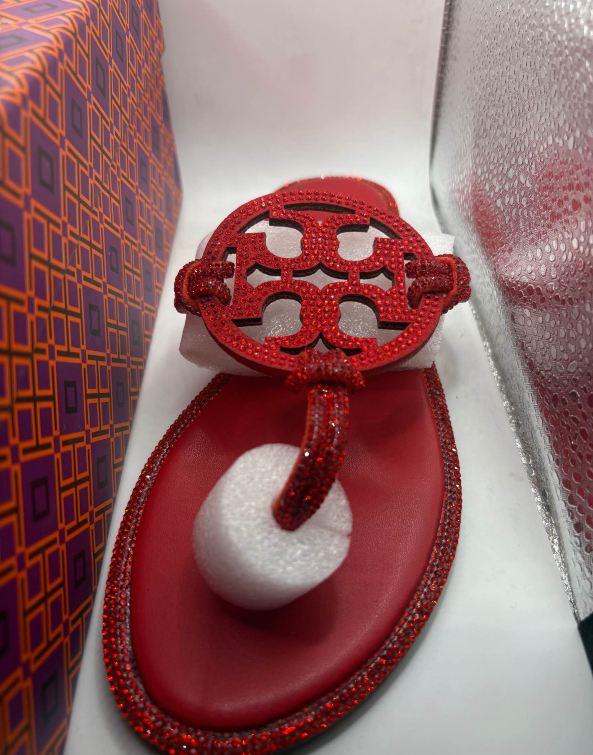 TB Inspired Slip-On Sandals - RED - RHINESTONE