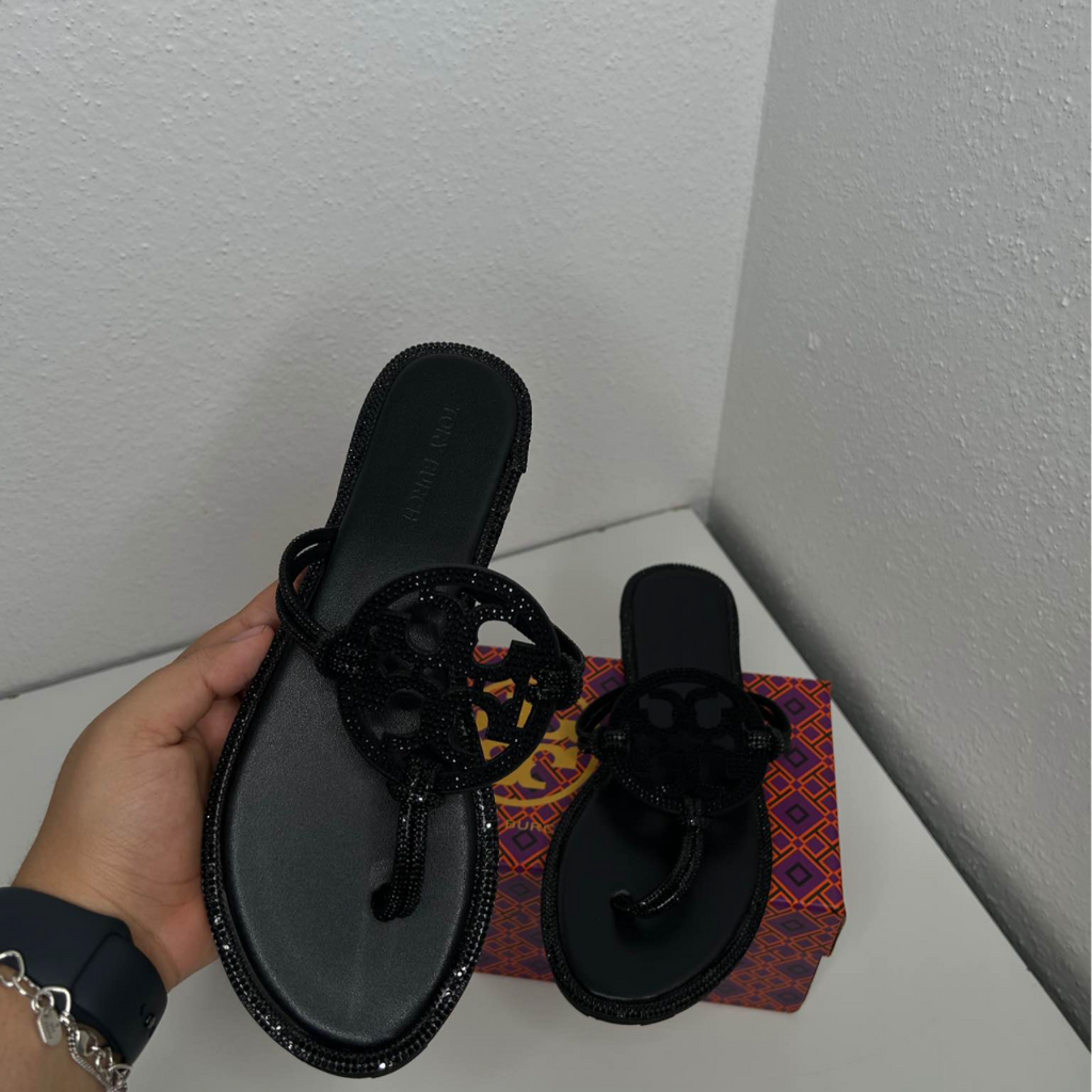 TB Inspired Slip-On Sandals - BLACK - RHINESTONE