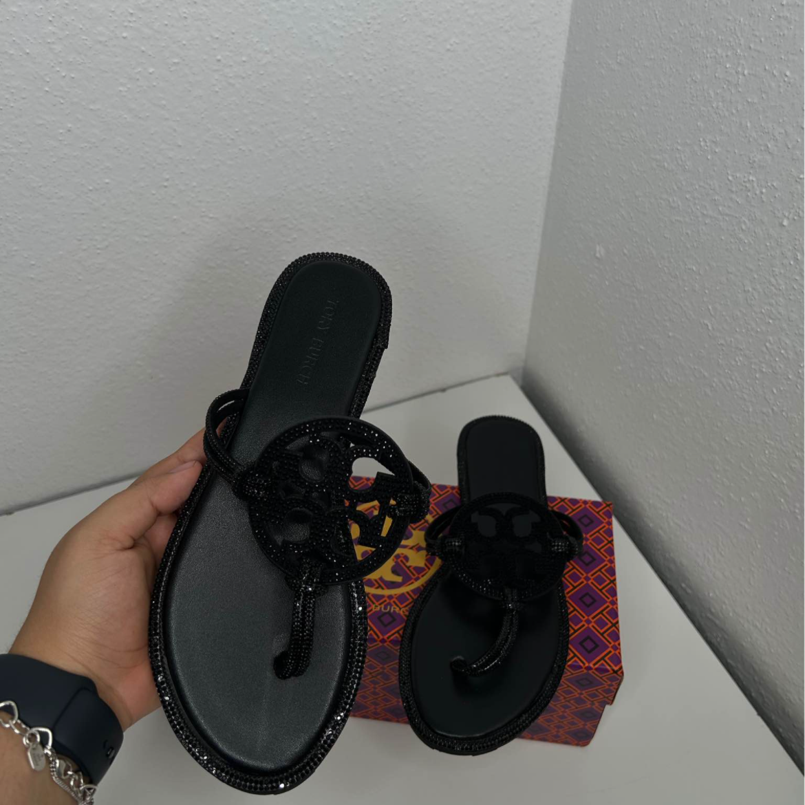 TB Inspired Slip-On Sandals - BLACK - RHINESTONE