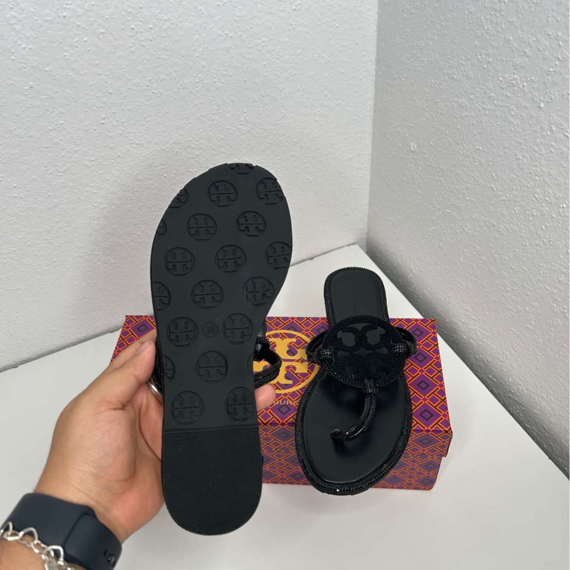 TB Inspired Slip-On Sandals - BLACK - RHINESTONE