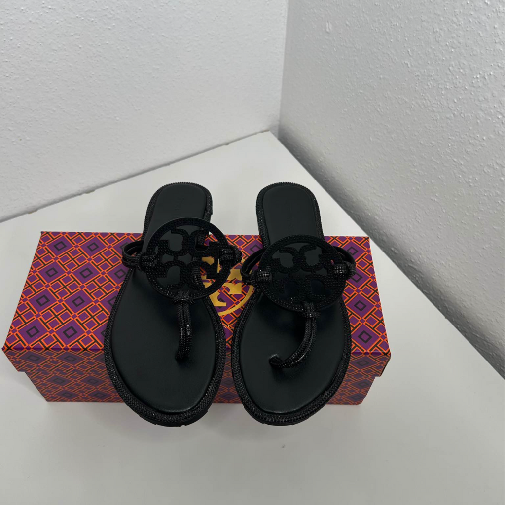 TB Inspired Slip-On Sandals - BLACK - RHINESTONE