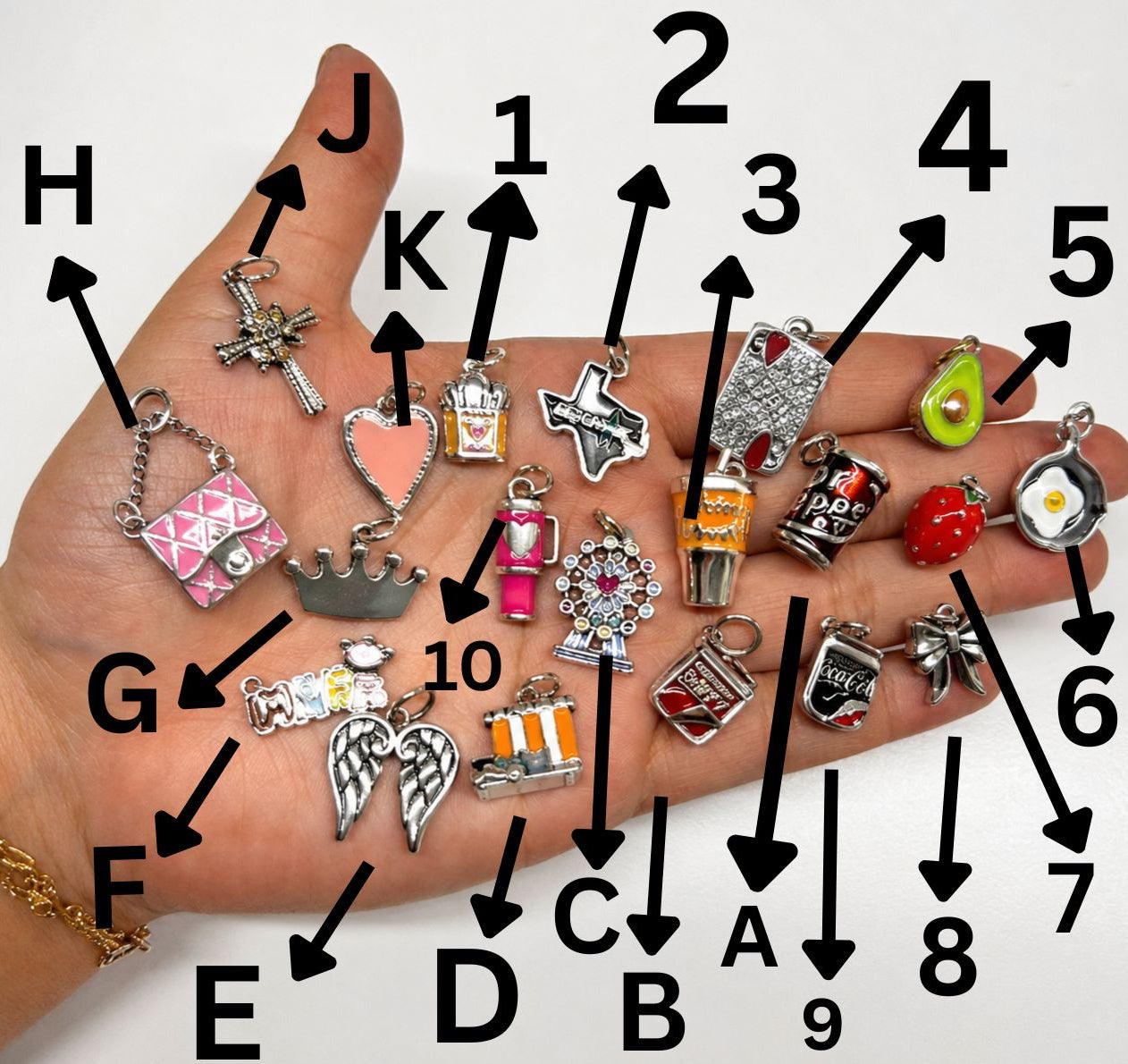 Mixed charm bracelet charms, silver-tone enamel