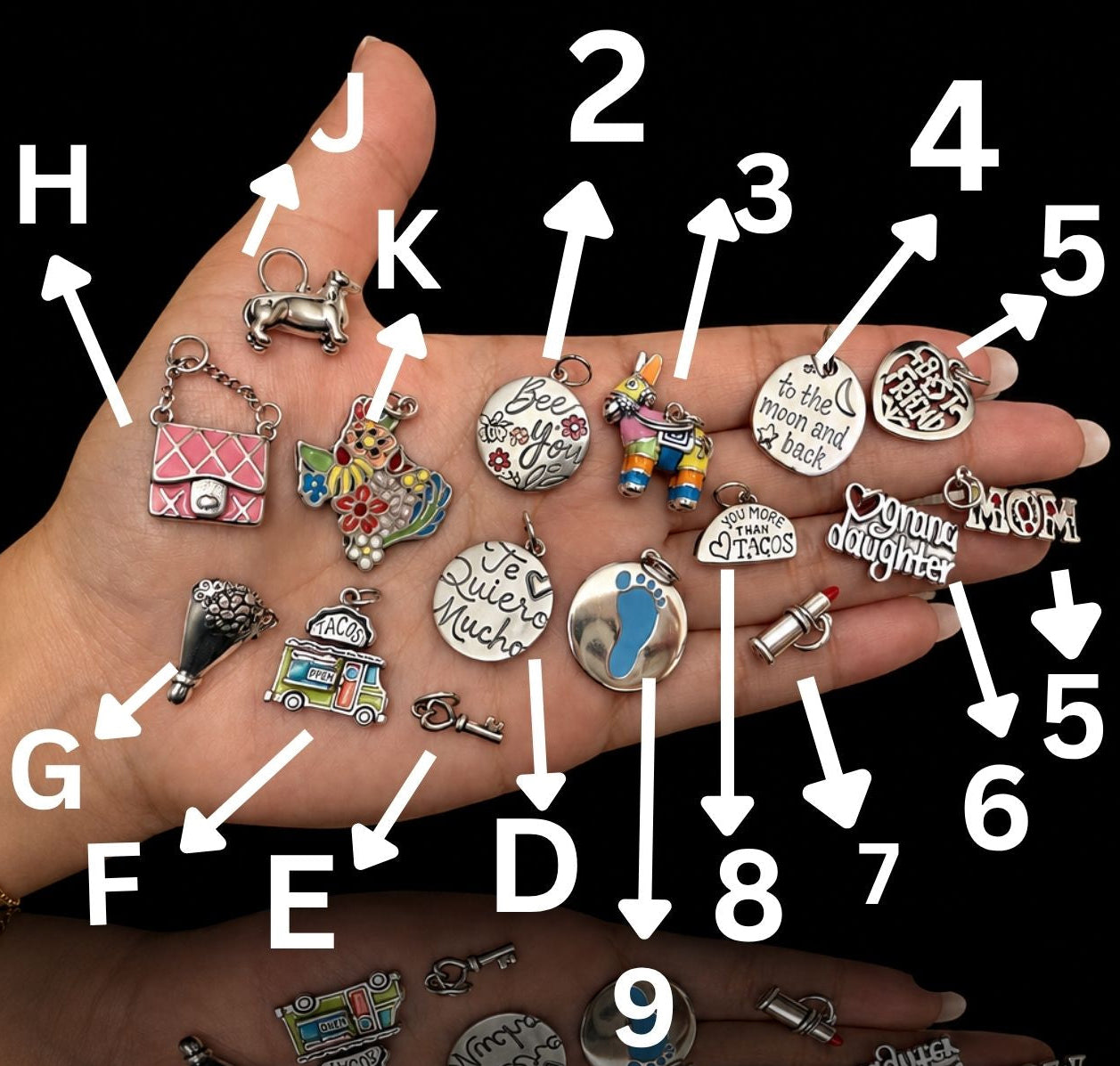 Mixed charm bracelet charms, silver-tone enamel